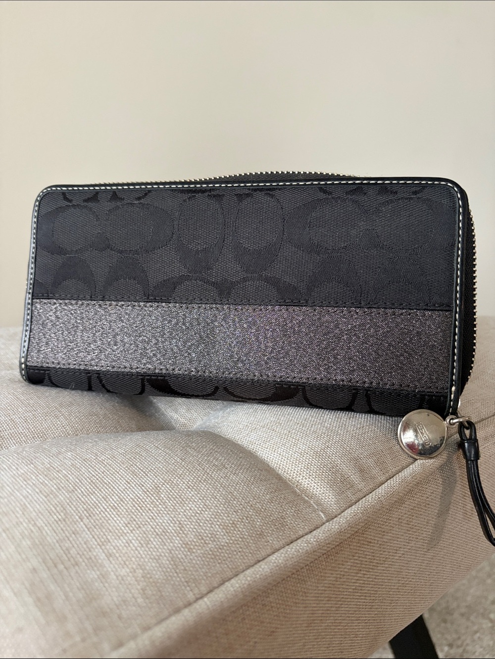 Coach Black Signature Zip Wallet with Metallic Silver Stripe